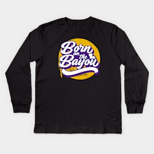 Retro Born on the Bayou Word Art Louisiana // Louisiana Proud Purple and Gold Kids Long Sleeve T-Shirt